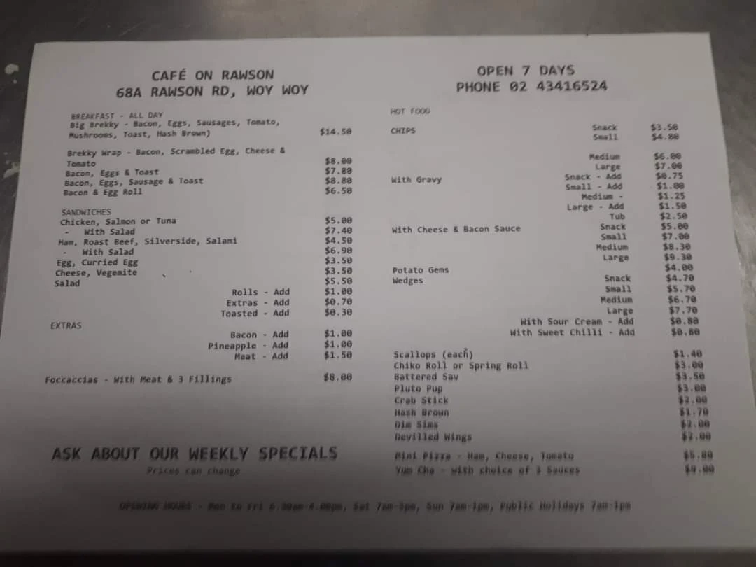 Menu, Cafe on Rawson