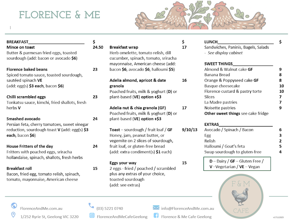 Menu, Florence and Me Café Geelong