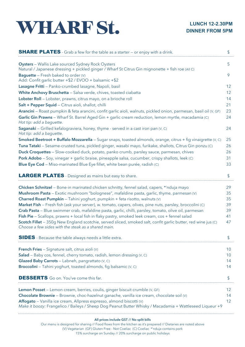 Menu, Wharf St. Distillery Restaurant