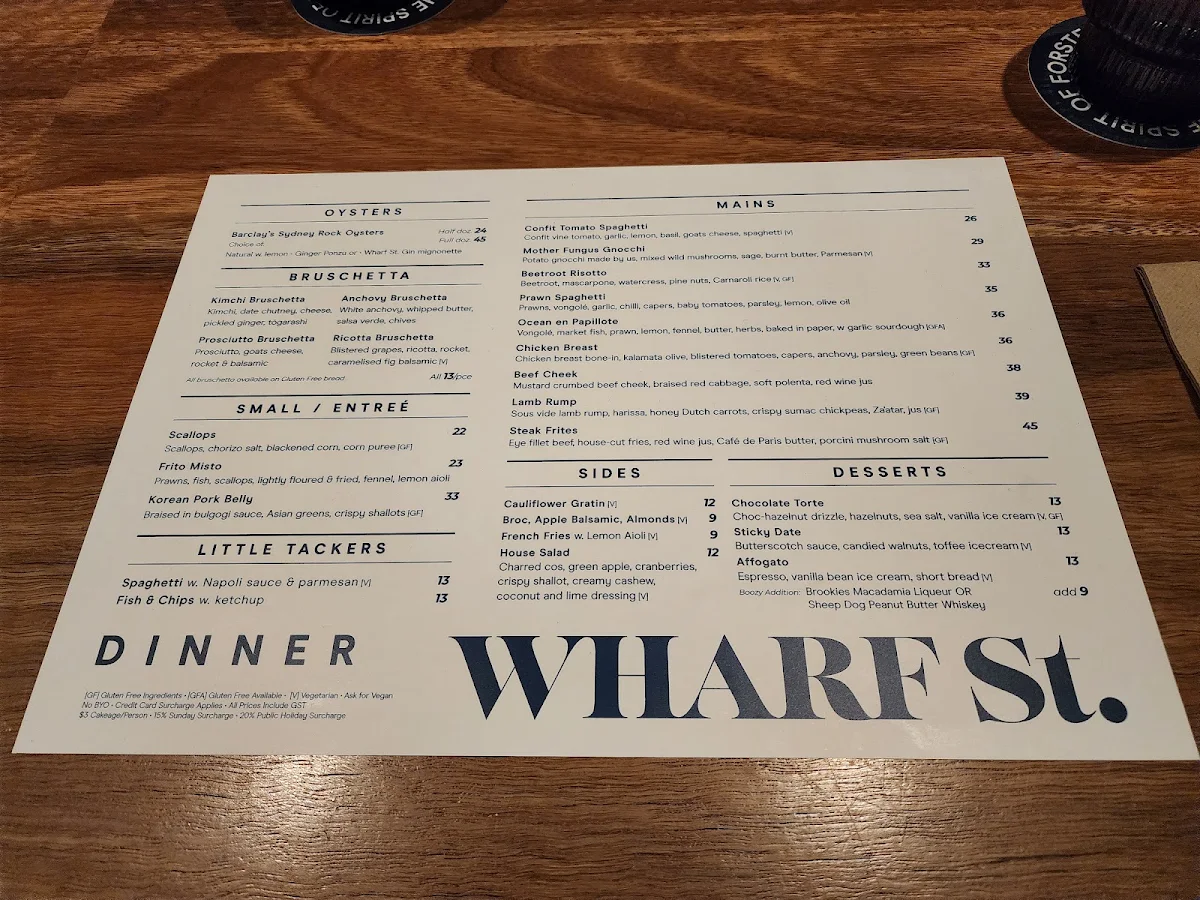 Menu, Wharf St. Distillery Restaurant