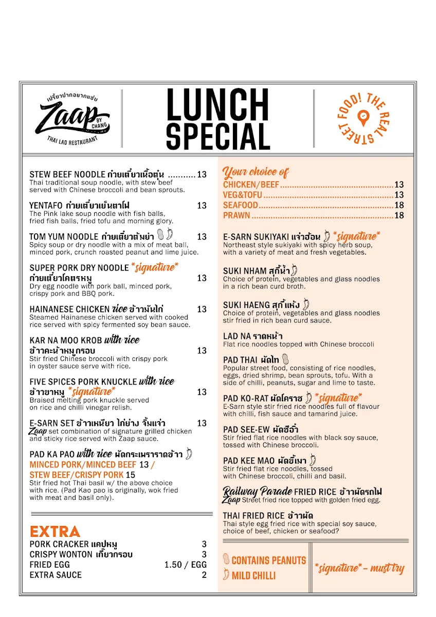 Menu, Zaap by Chang Thai Lao Restaurant