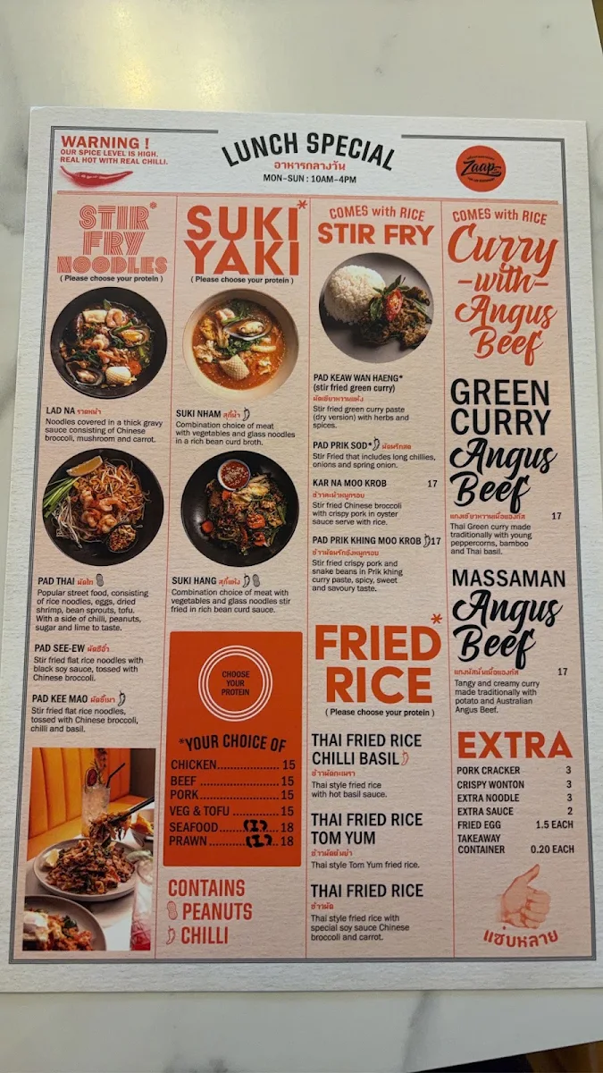 Menu, Zaap by Chang Thai Lao Restaurant