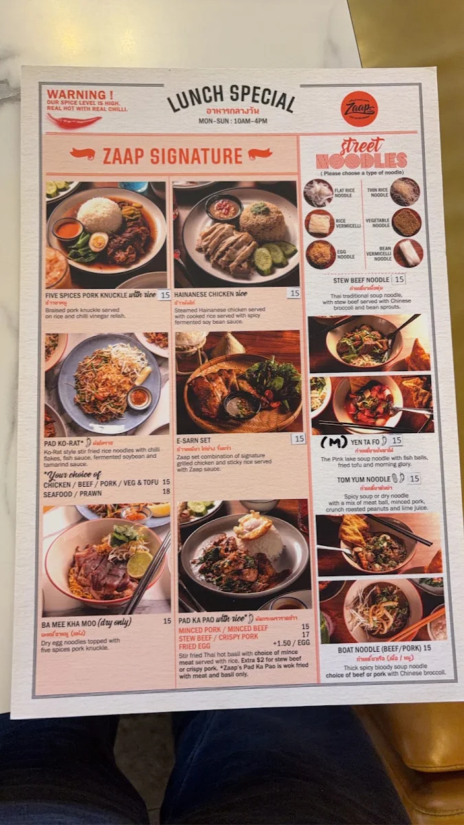 Menu, Zaap by Chang Thai Lao Restaurant