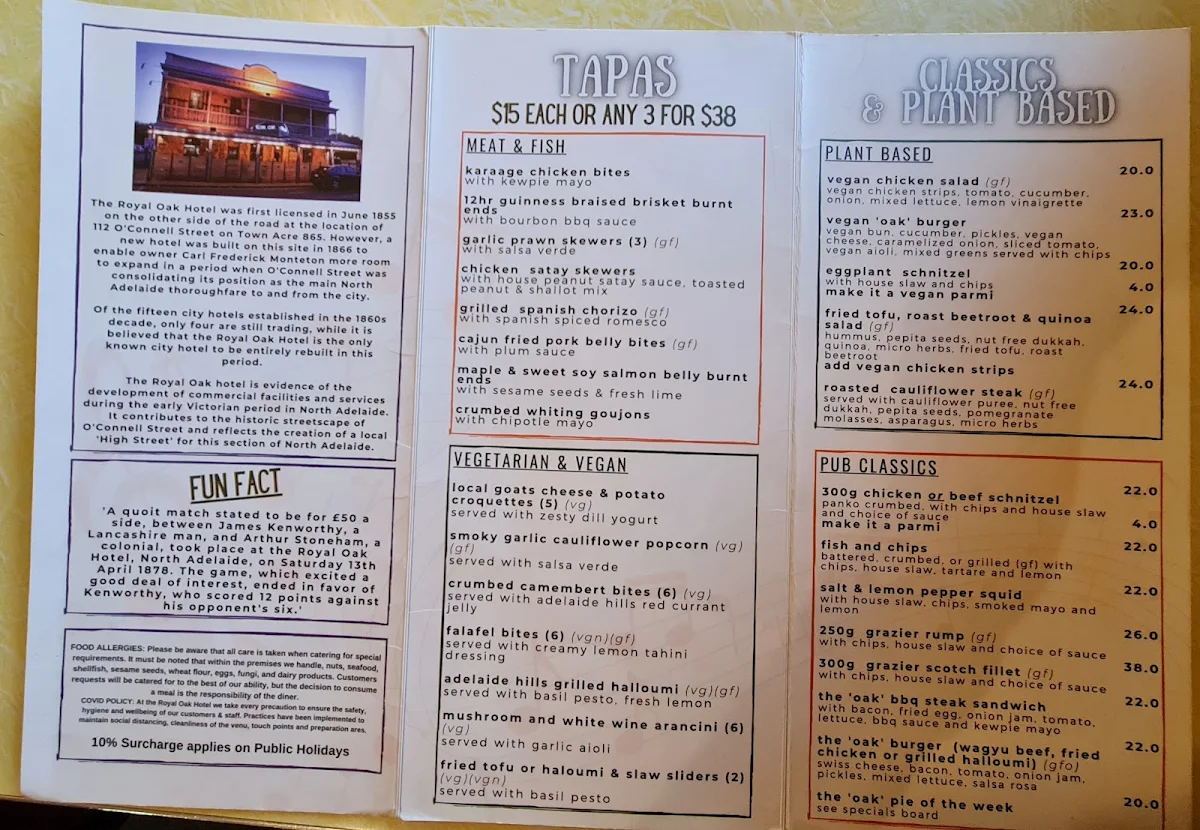 Menu, Royal Oak