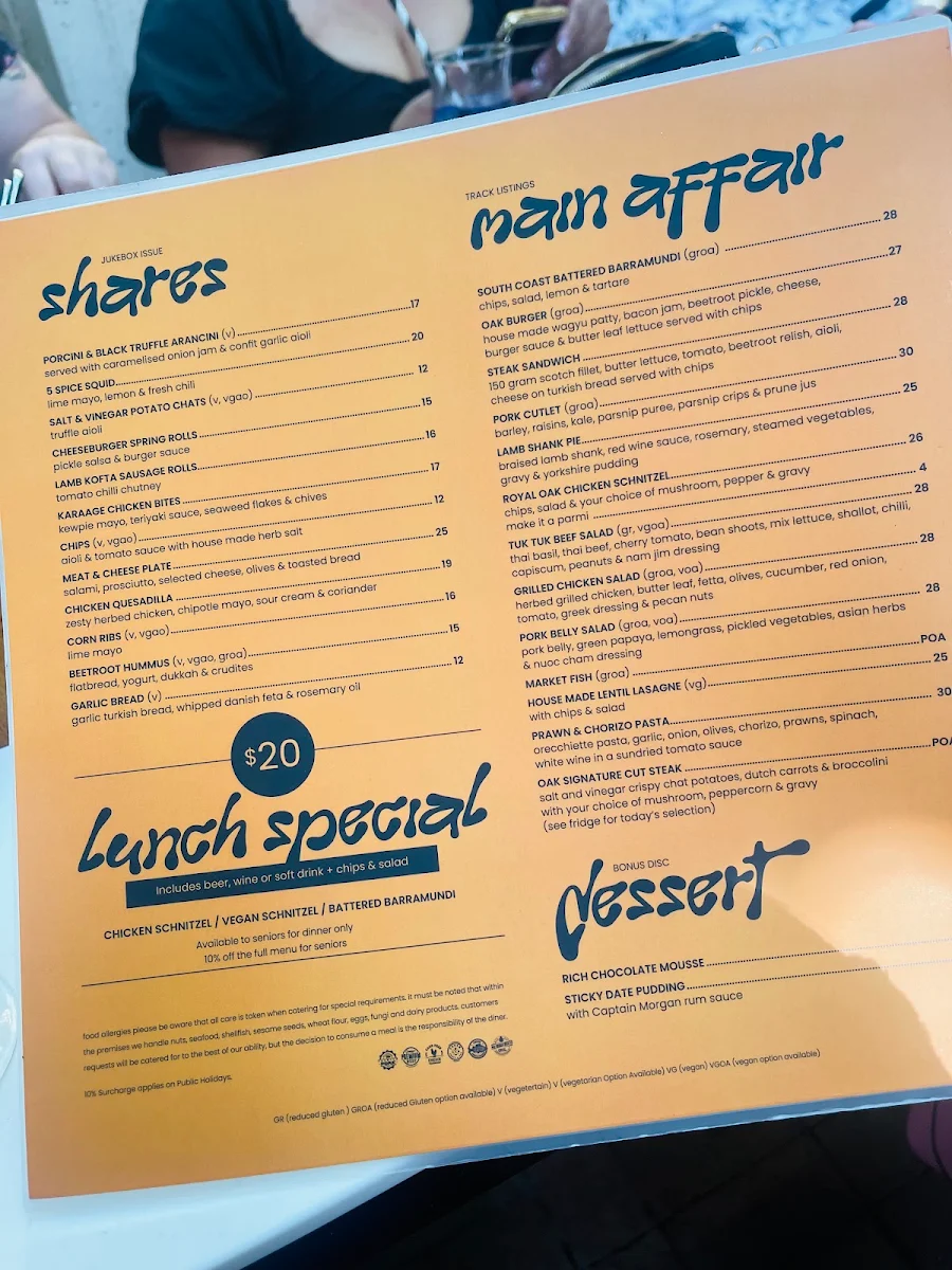 Menu, Royal Oak