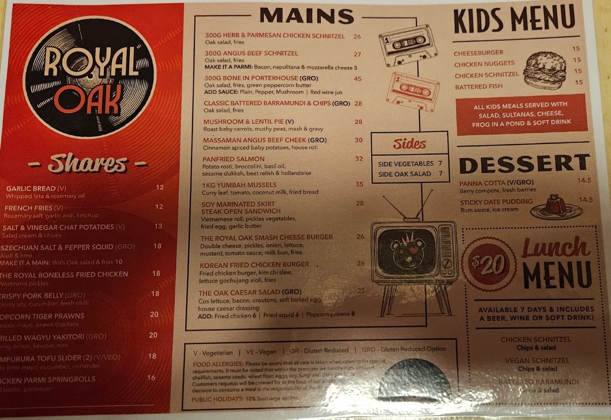 Menu, Royal Oak