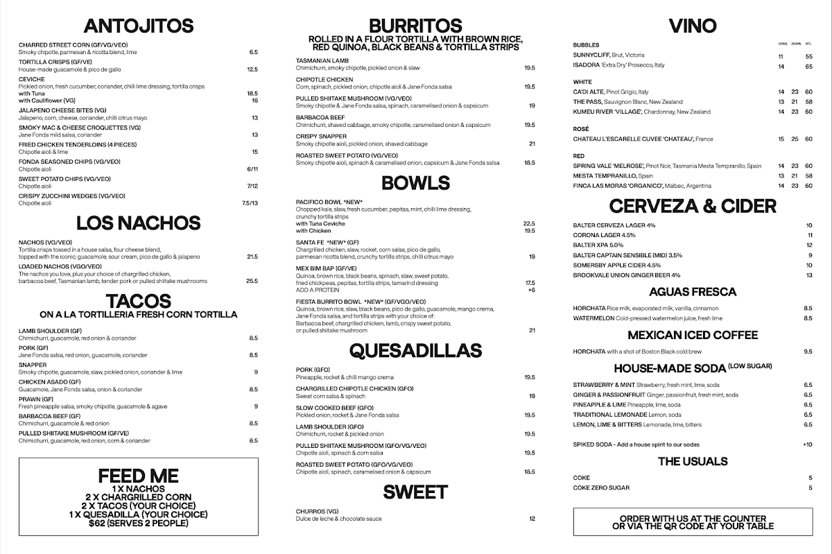 Menu, Fonda Mexican Chadstone