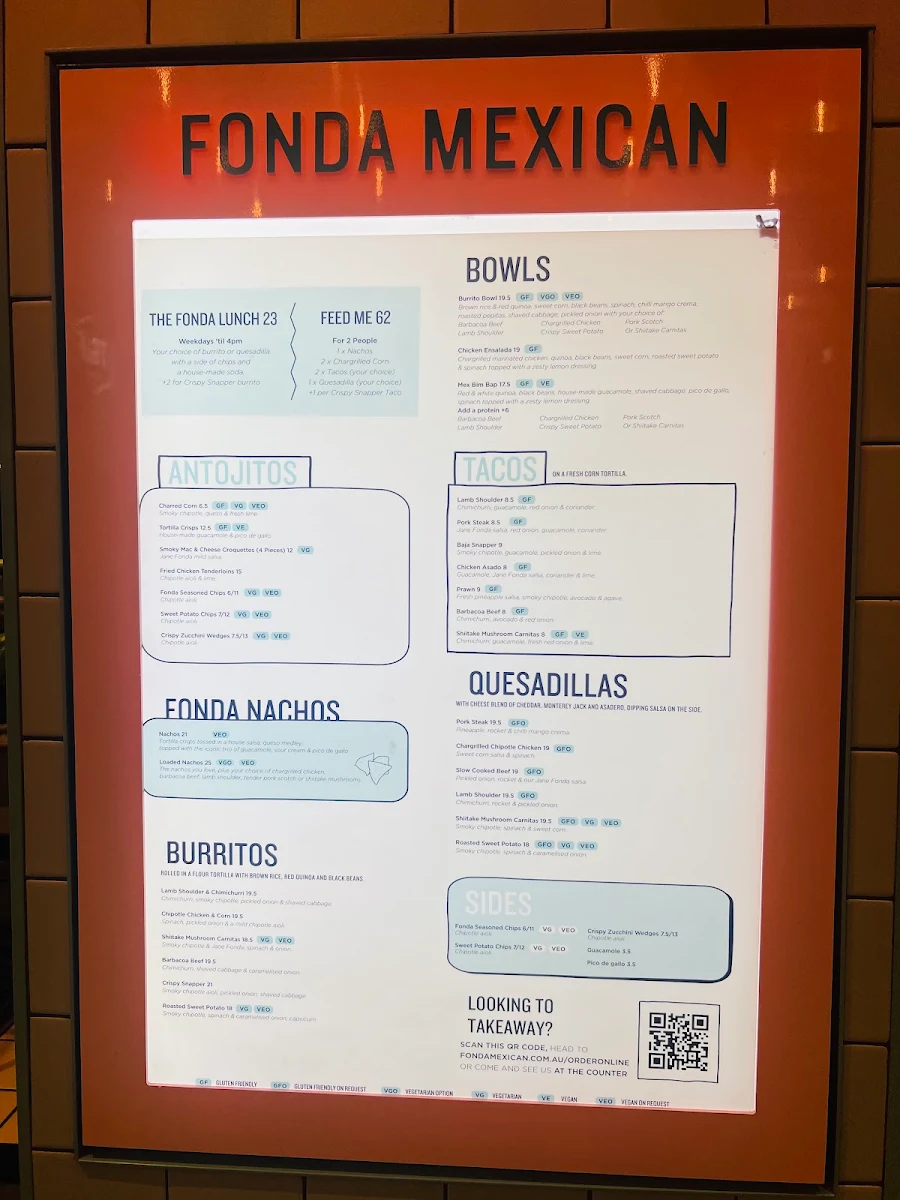 Menu, Fonda Mexican Chadstone