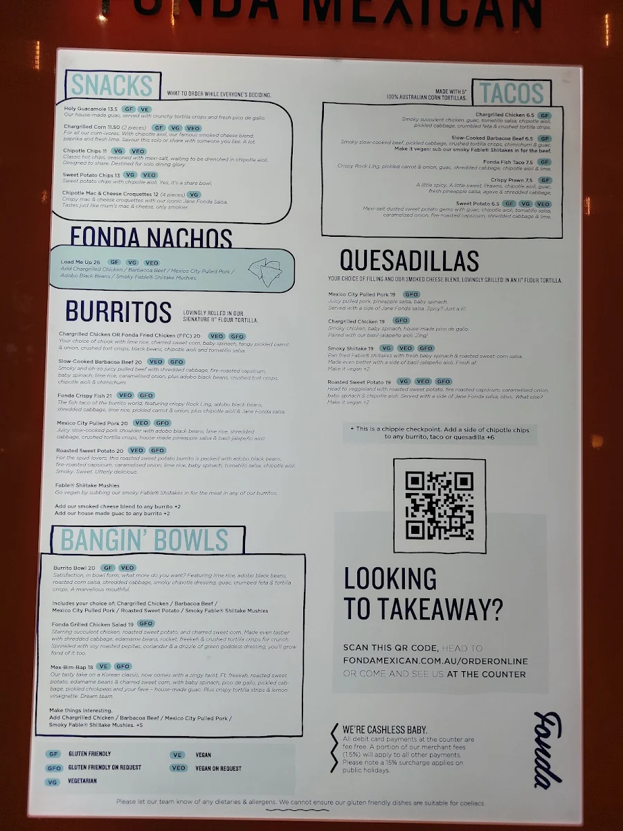 Menu, Fonda Mexican Chadstone