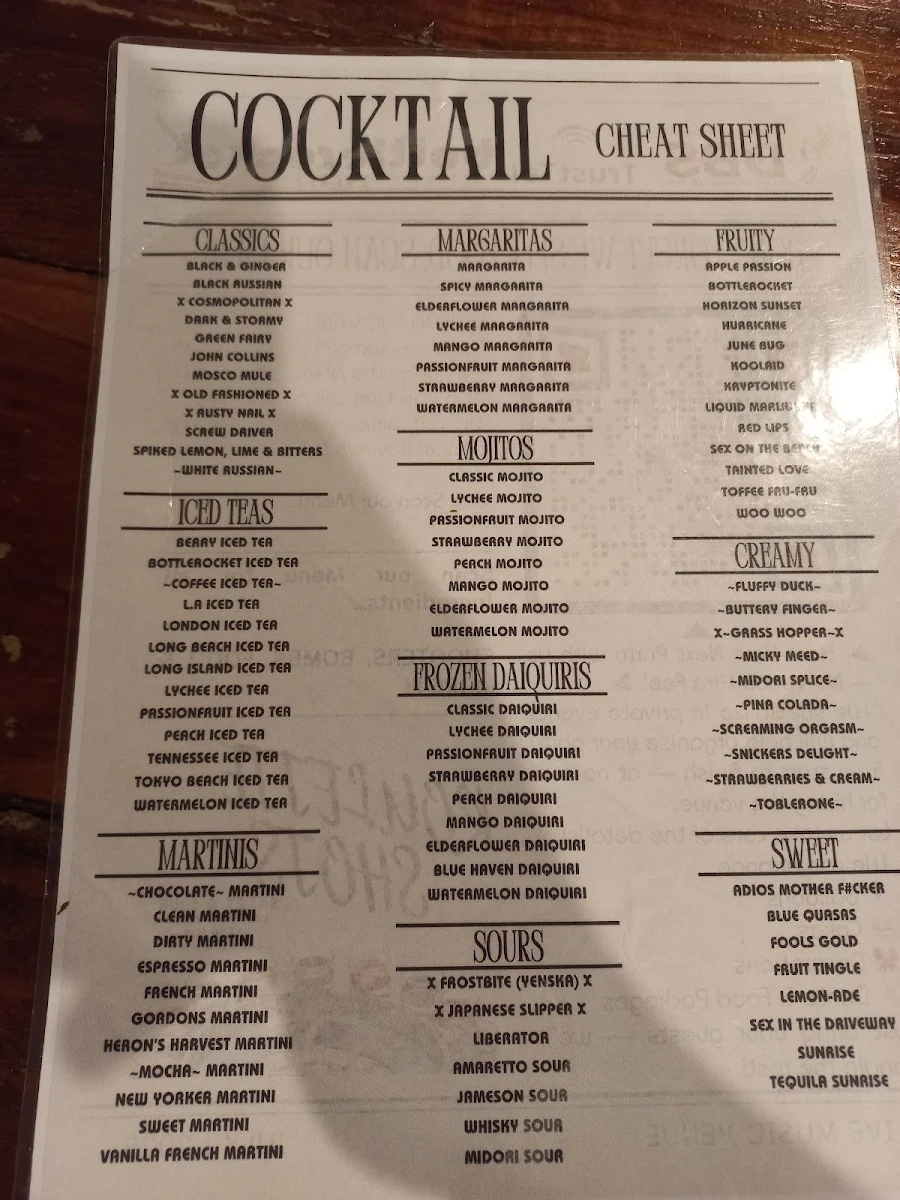 Menu, Bottlerocket Bar & Cafe