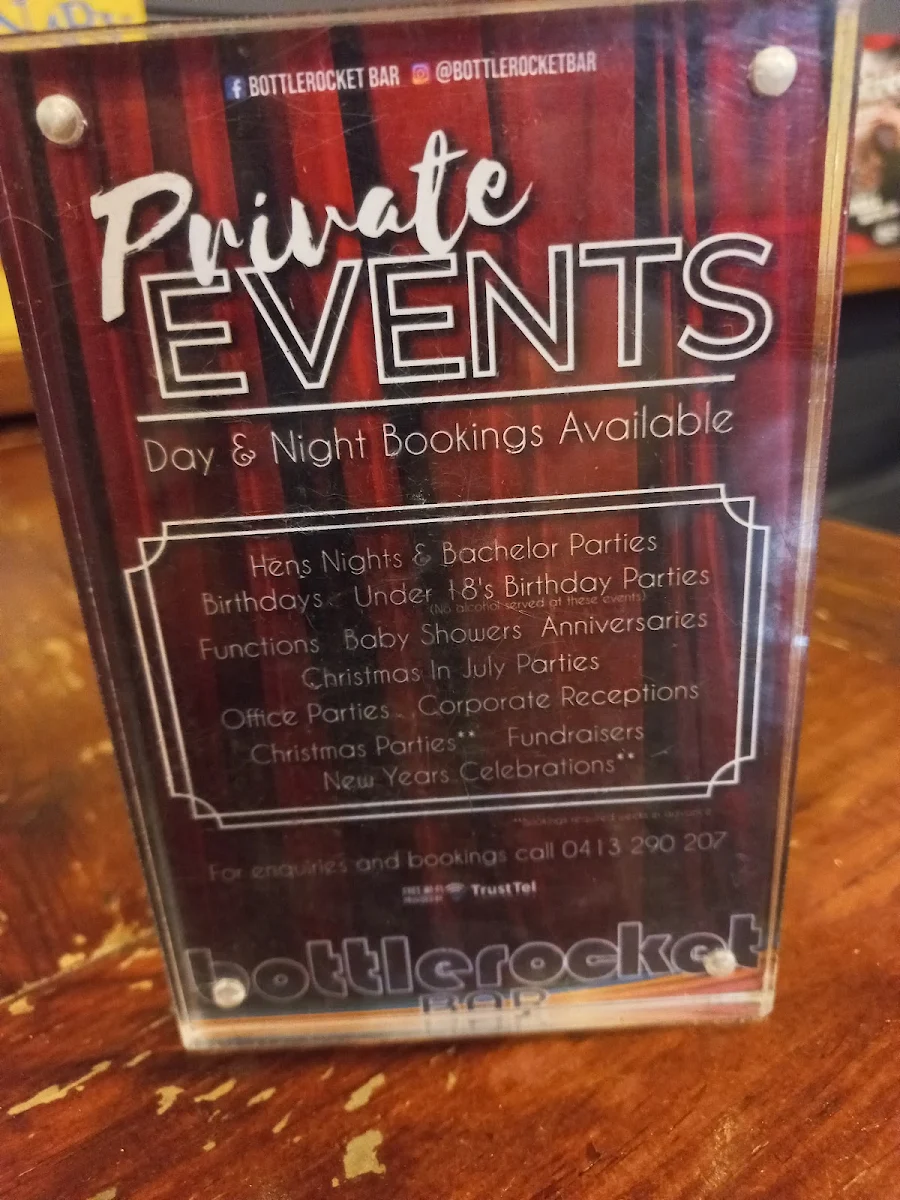 Menu, Bottlerocket Bar & Cafe