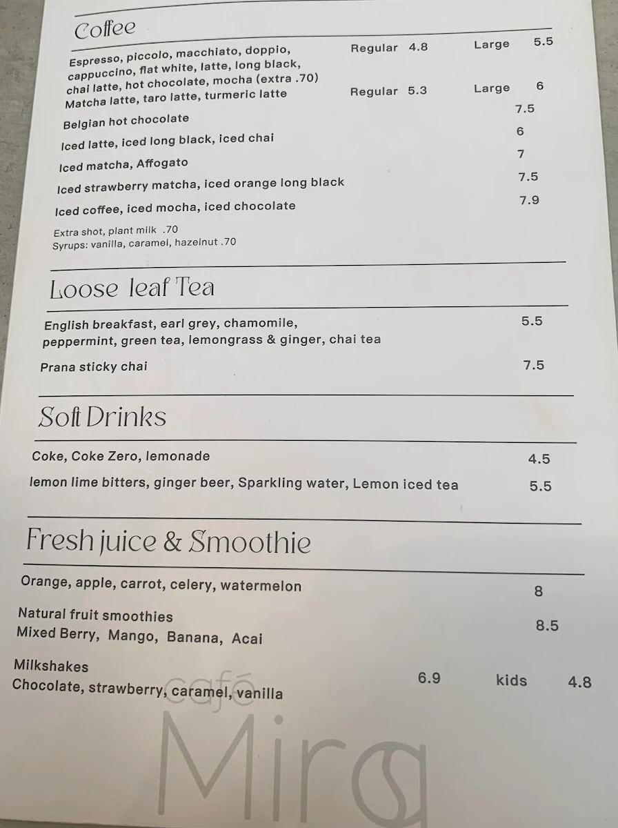 Menu, Cafe Mira
