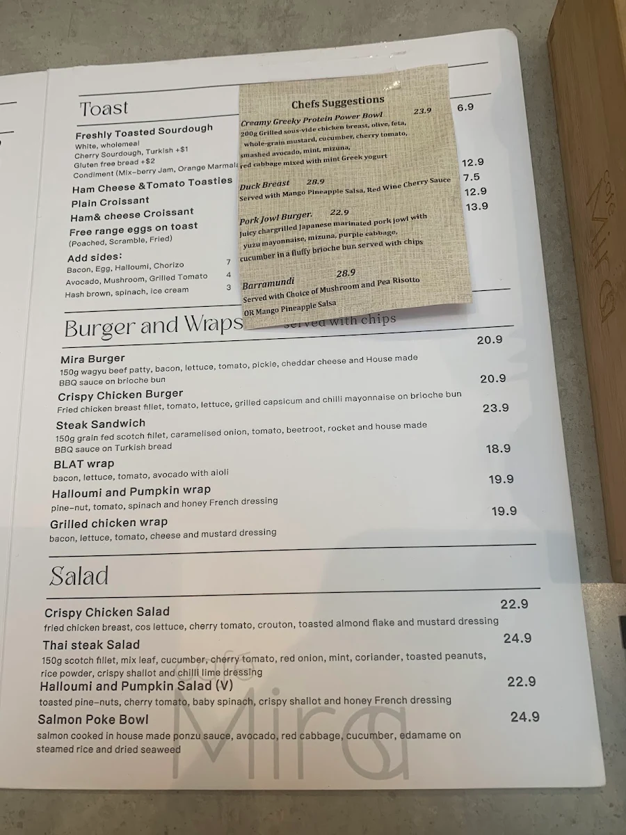 Menu, Cafe Mira
