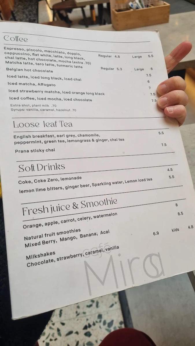 Menu, Cafe Mira