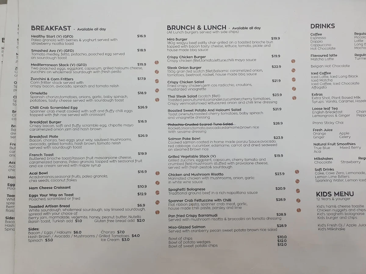 Menu, Cafe Mira