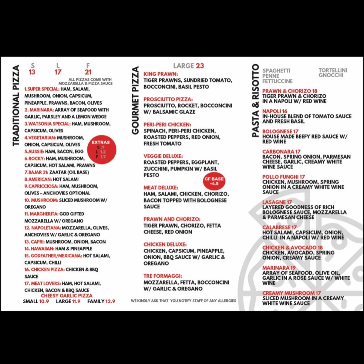 Menu, Watsonia Pizza