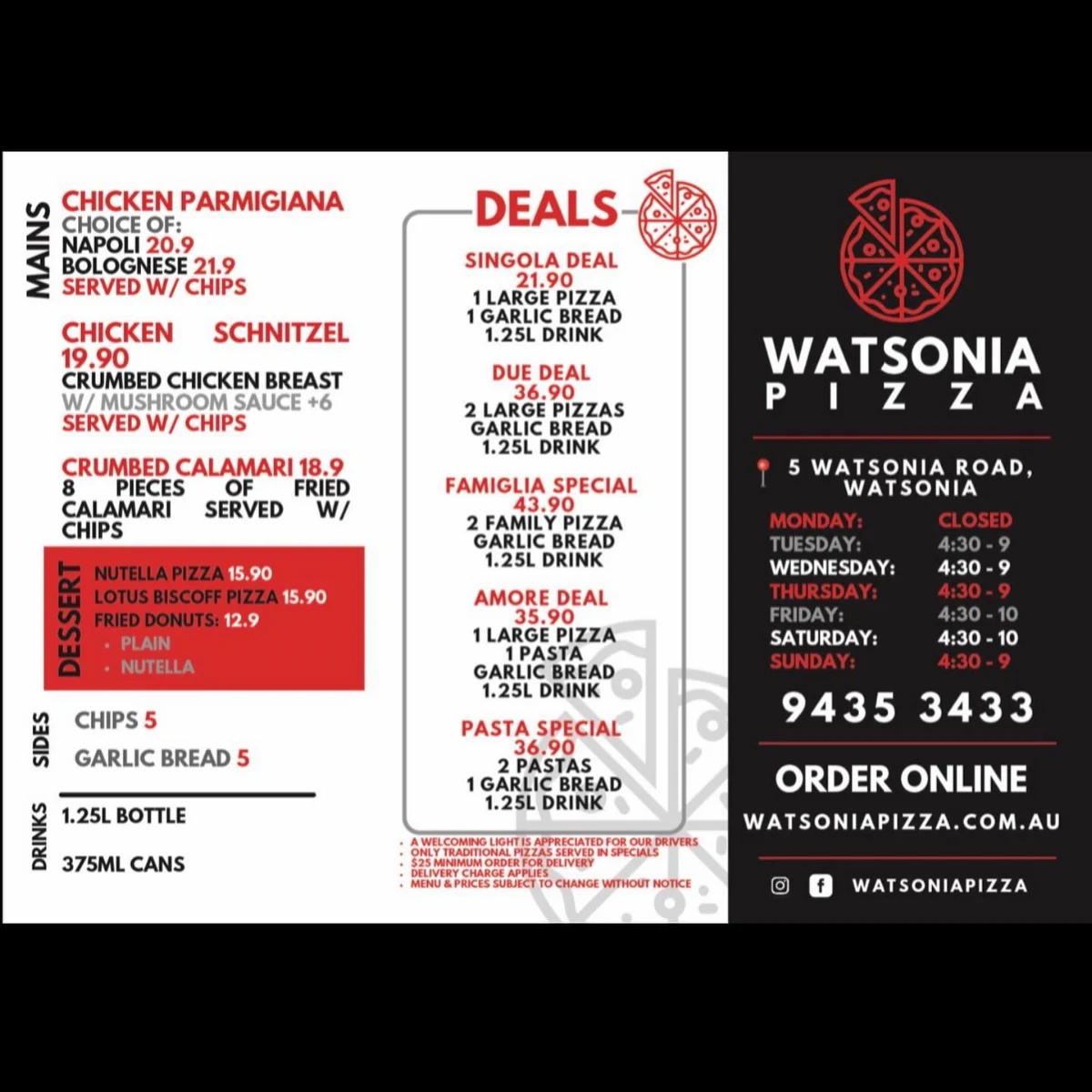 Menu, Watsonia Pizza
