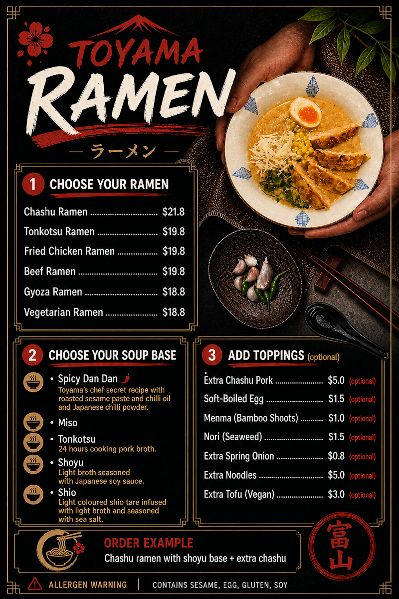 Menu, Toyama Japanese Cuisine