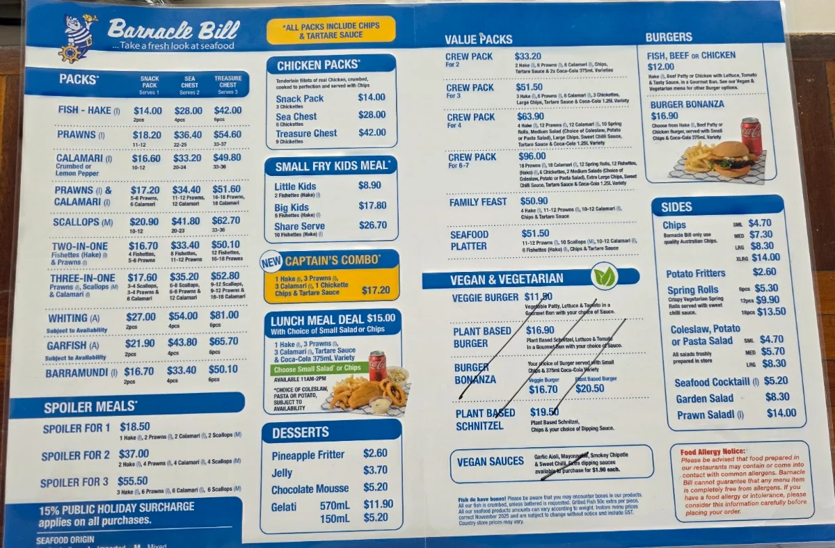 Menu, Barnacle Bill