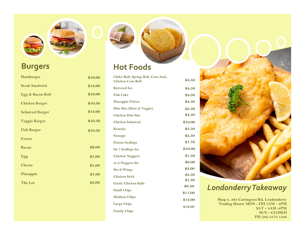 Menu, Londonderry Fish And Chips
