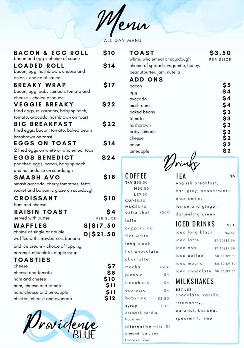 Menu, Providence Blue Cafe