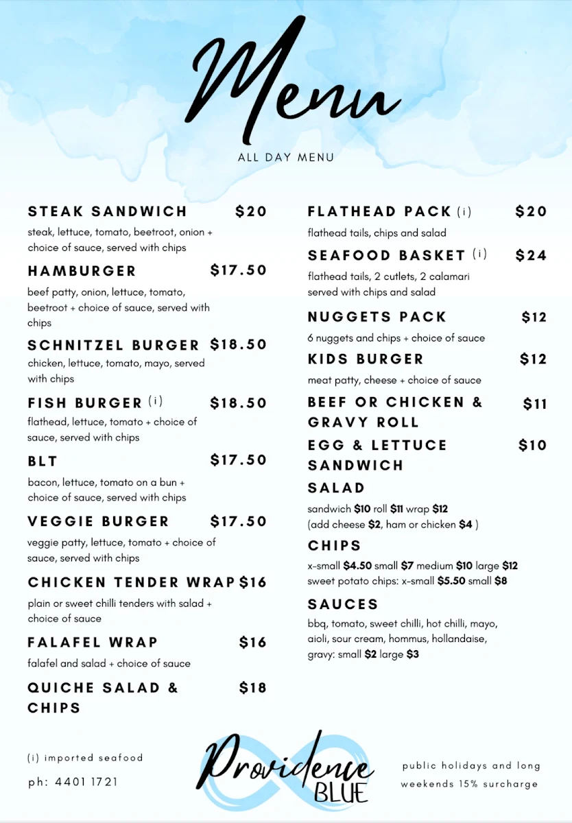 Menu, Providence Blue Cafe