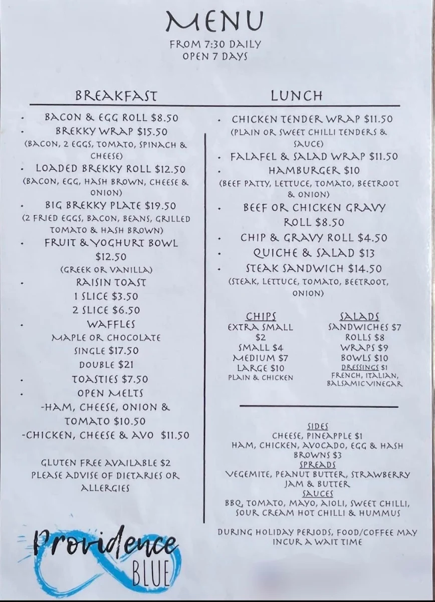 Menu, Providence Blue Cafe