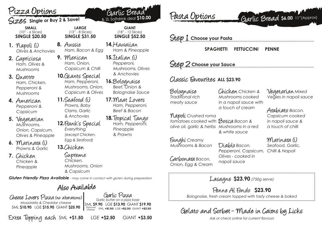 Menu, Giants Pizzeria Bentley Park