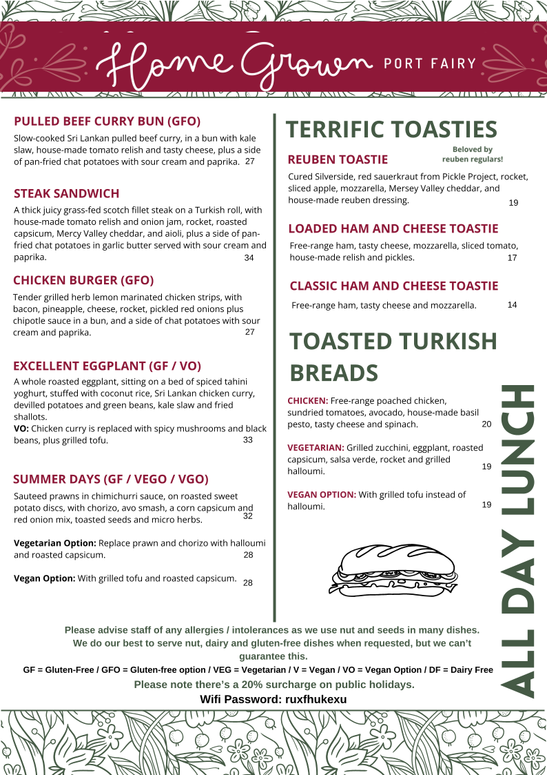 Menu, Home Grown Port Fairy