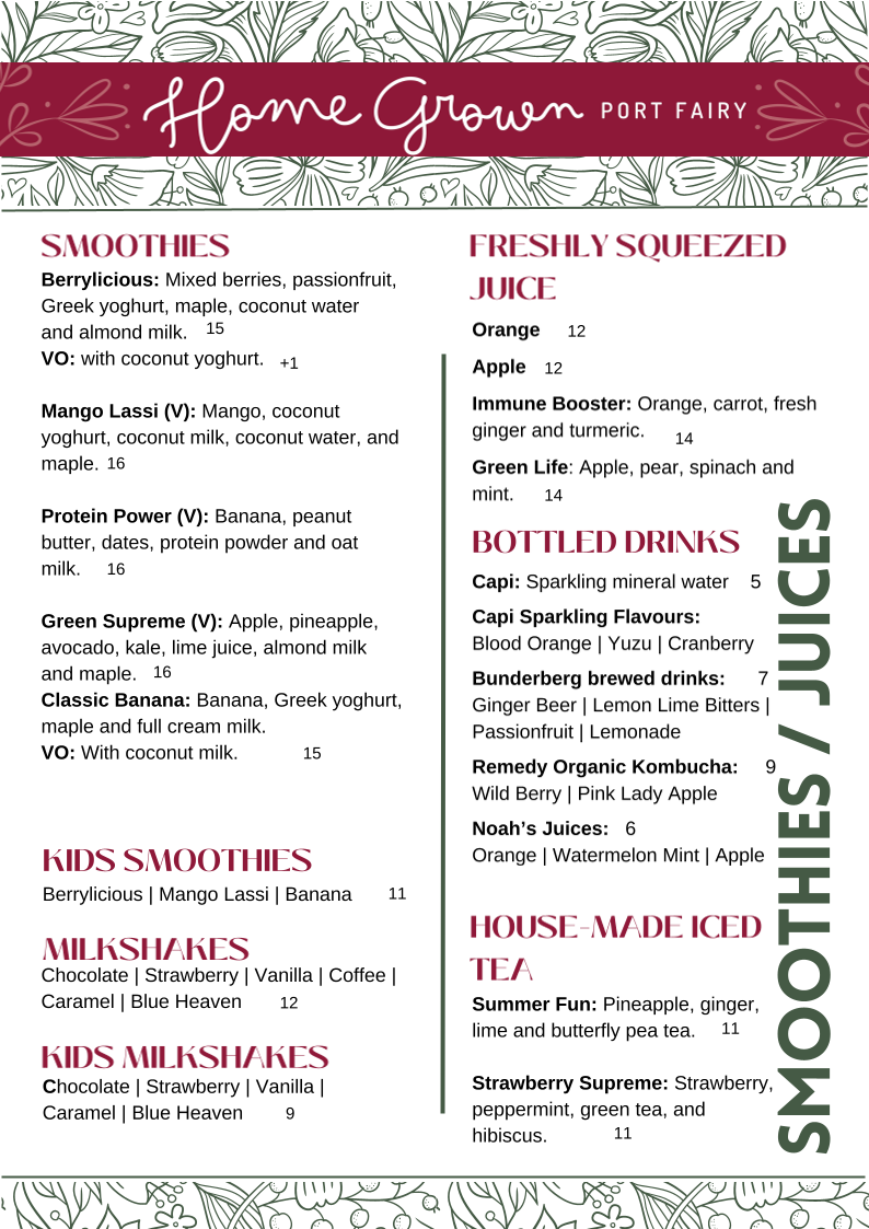 Menu, Home Grown Port Fairy