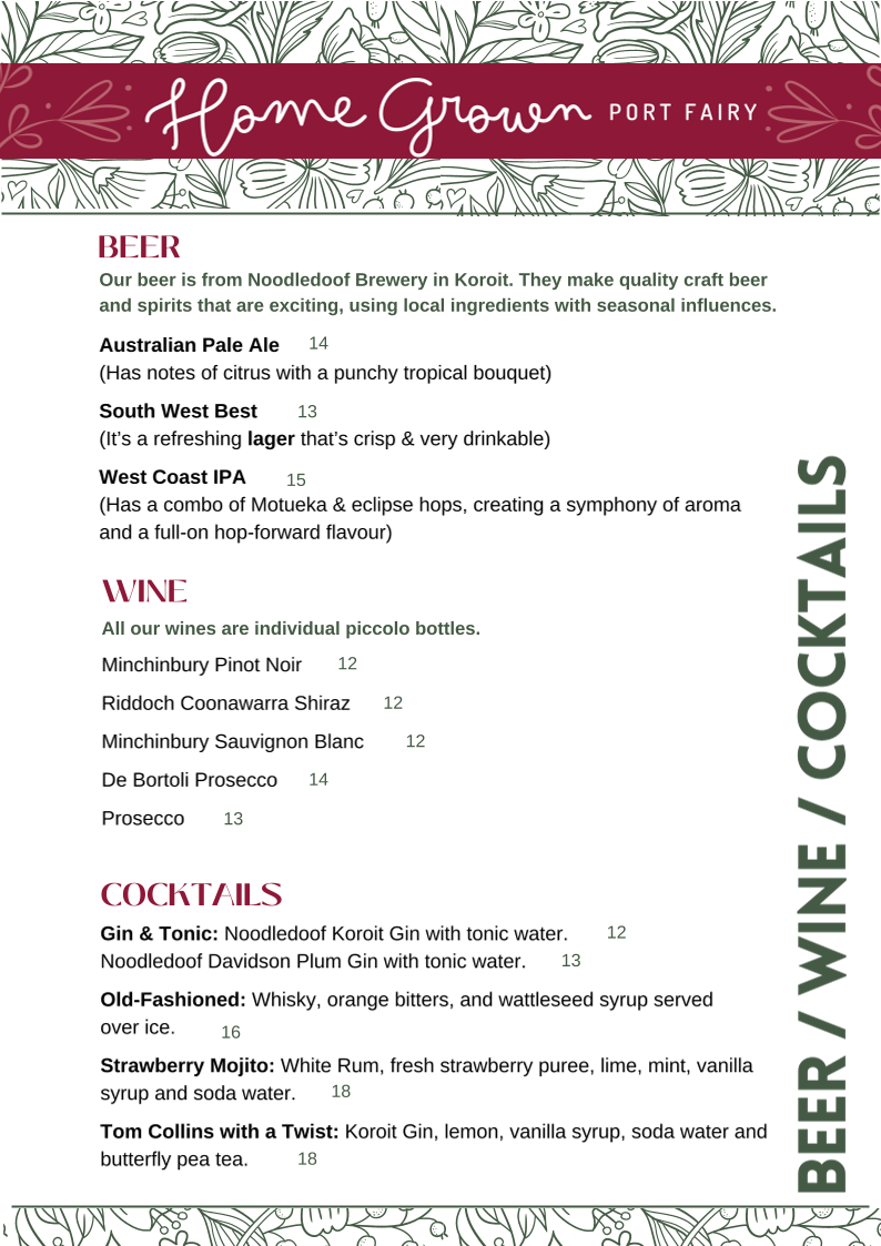 Menu, Home Grown Port Fairy
