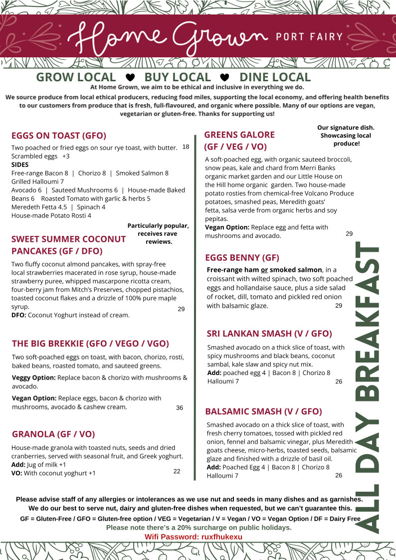 Menu, Home Grown Port Fairy