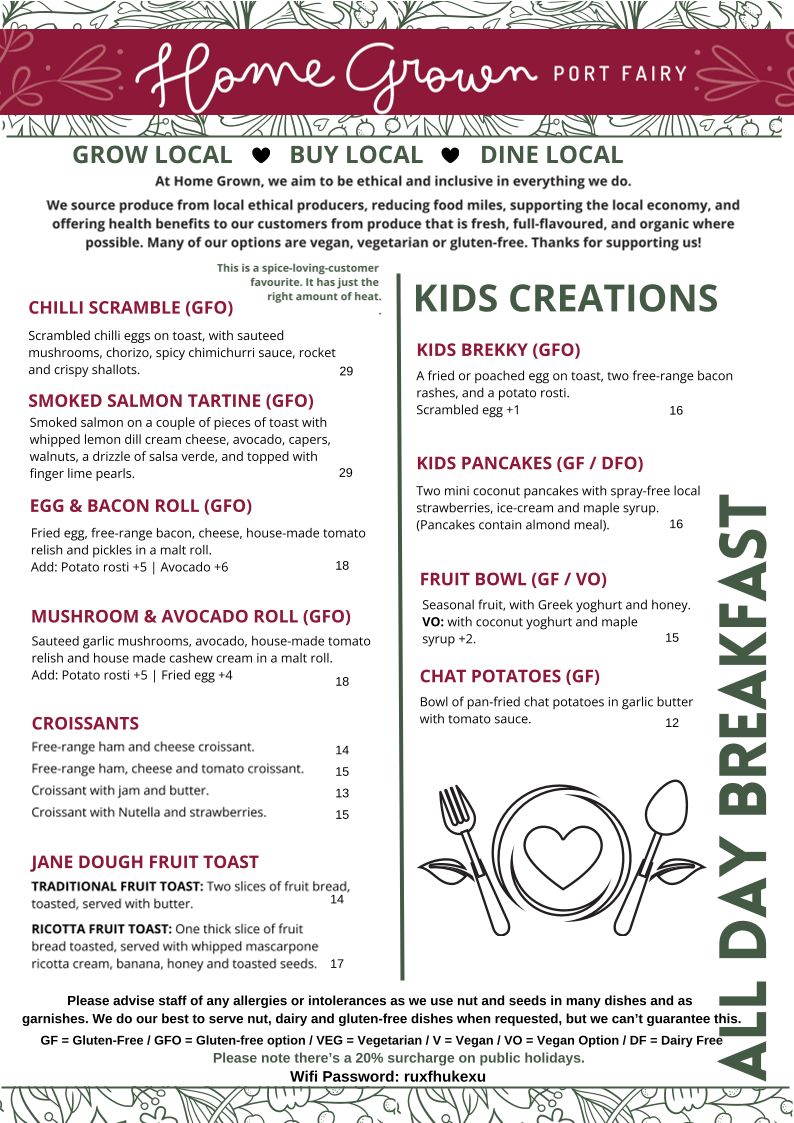 Menu, Home Grown Port Fairy