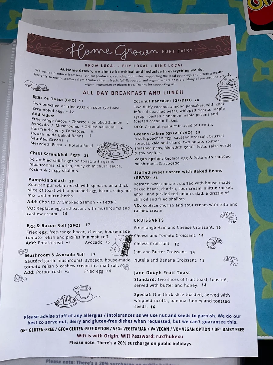 Menu, Home Grown Port Fairy