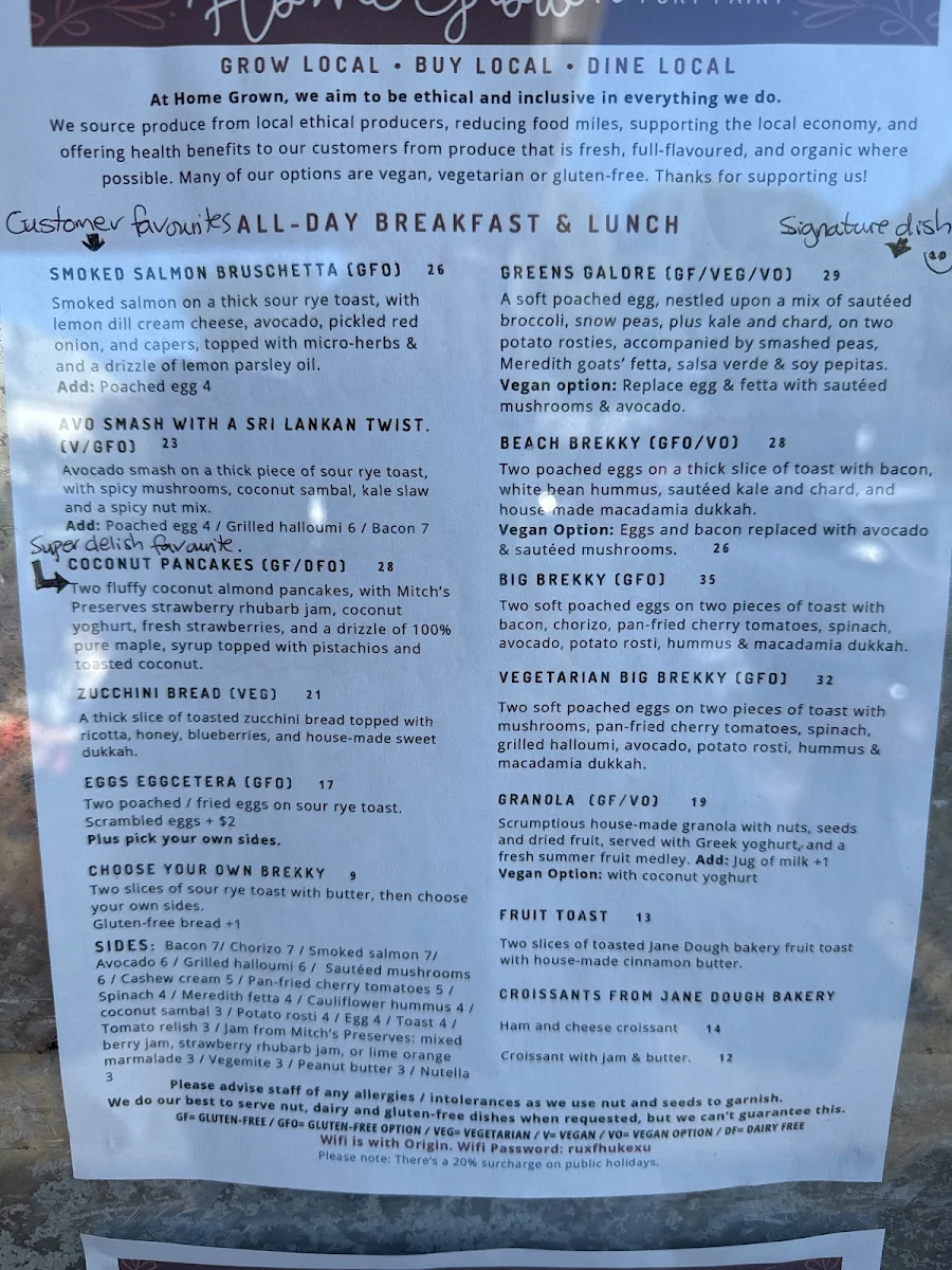 Menu, Home Grown Port Fairy