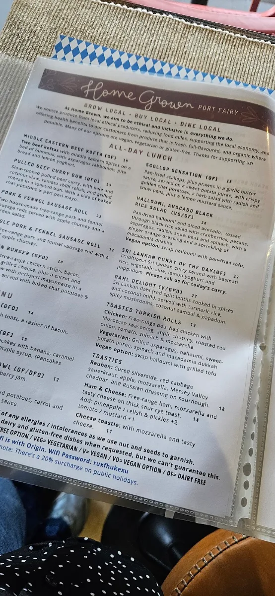 Menu, Home Grown Port Fairy