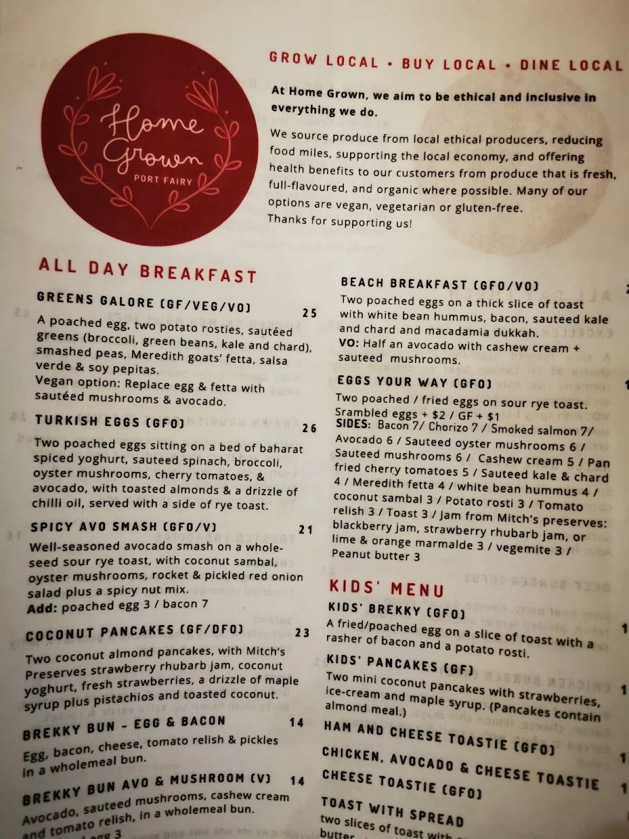 Menu, Home Grown Port Fairy