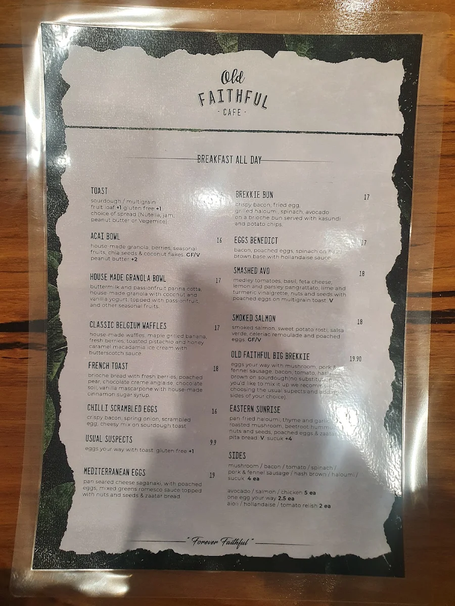 Menu, Old Faithful Cafe