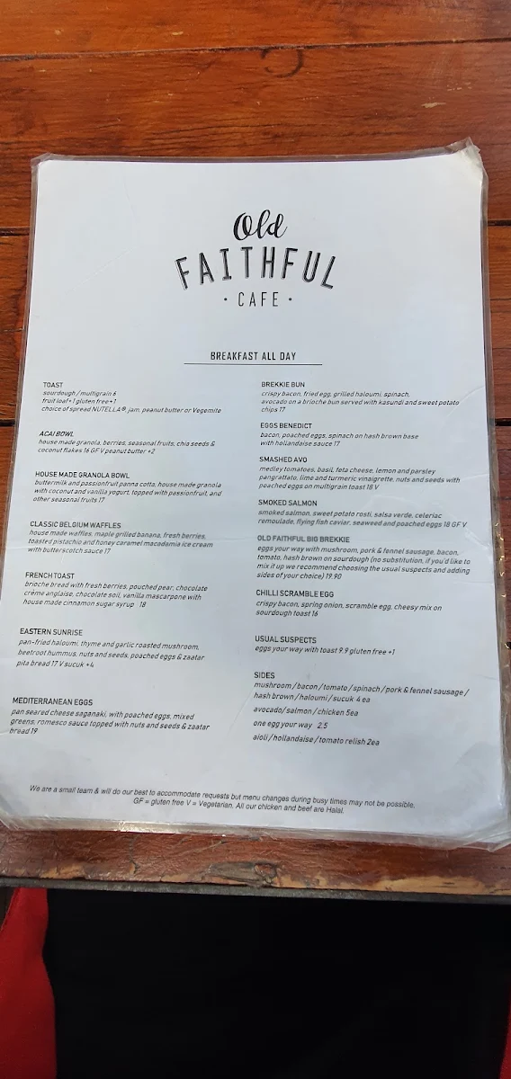 Menu, Old Faithful Cafe