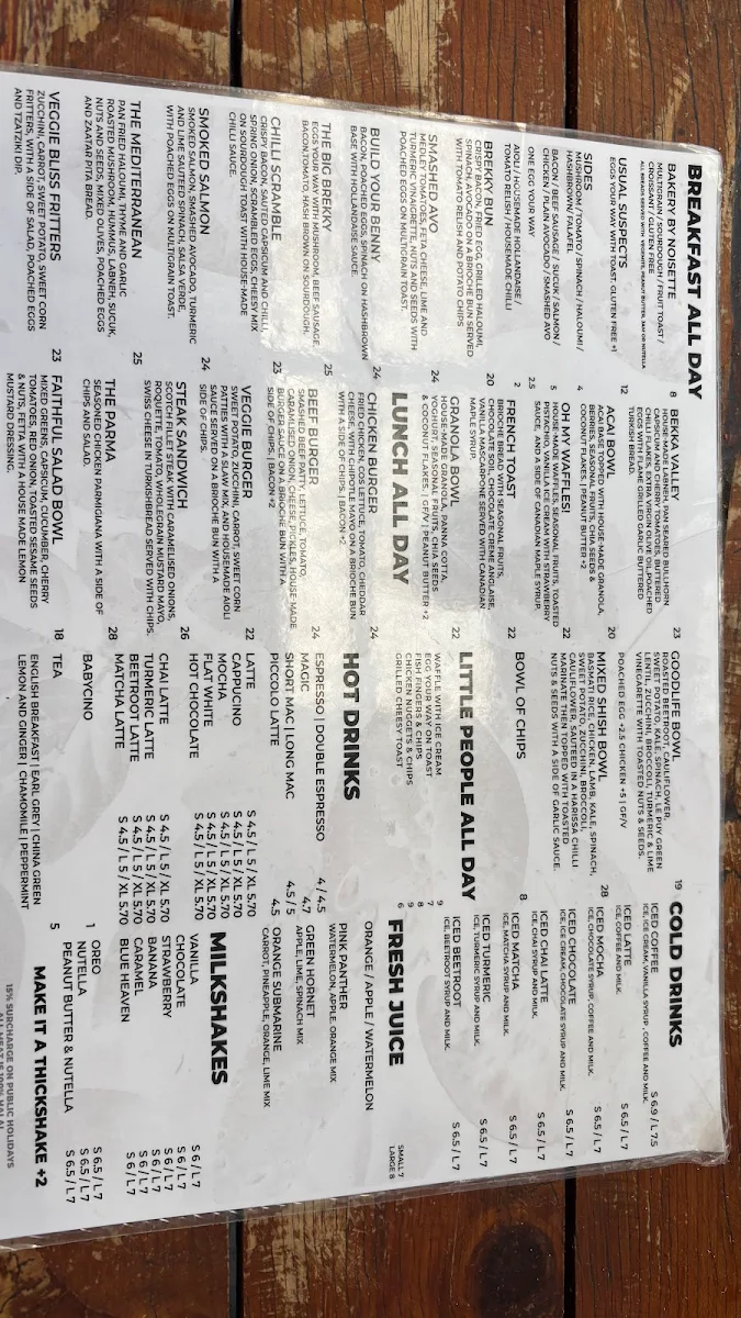 Menu, Old Faithful Cafe