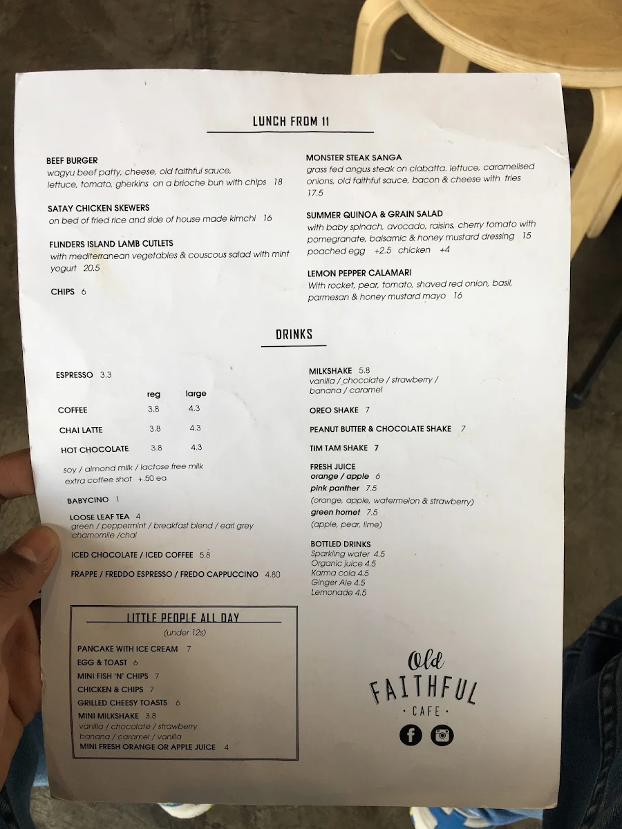 Menu, Old Faithful Cafe