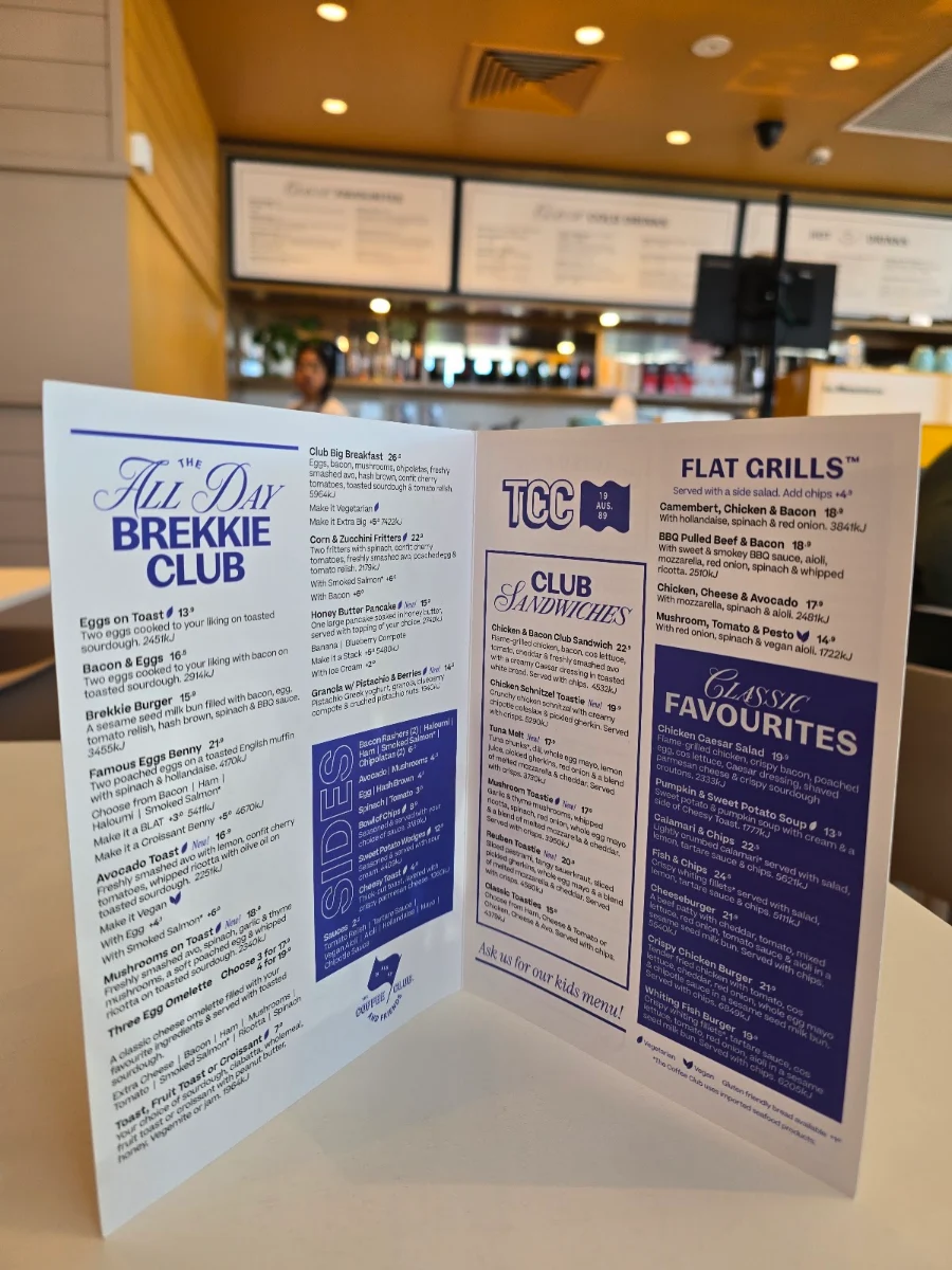 Menu, The Coffee Club Café