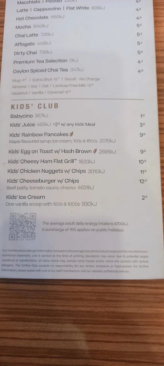 Menu, The Coffee Club Café