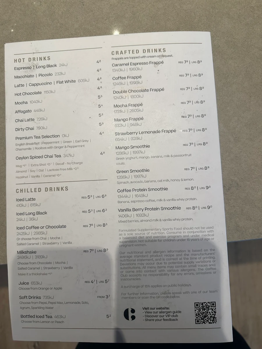 Menu, The Coffee Club Café