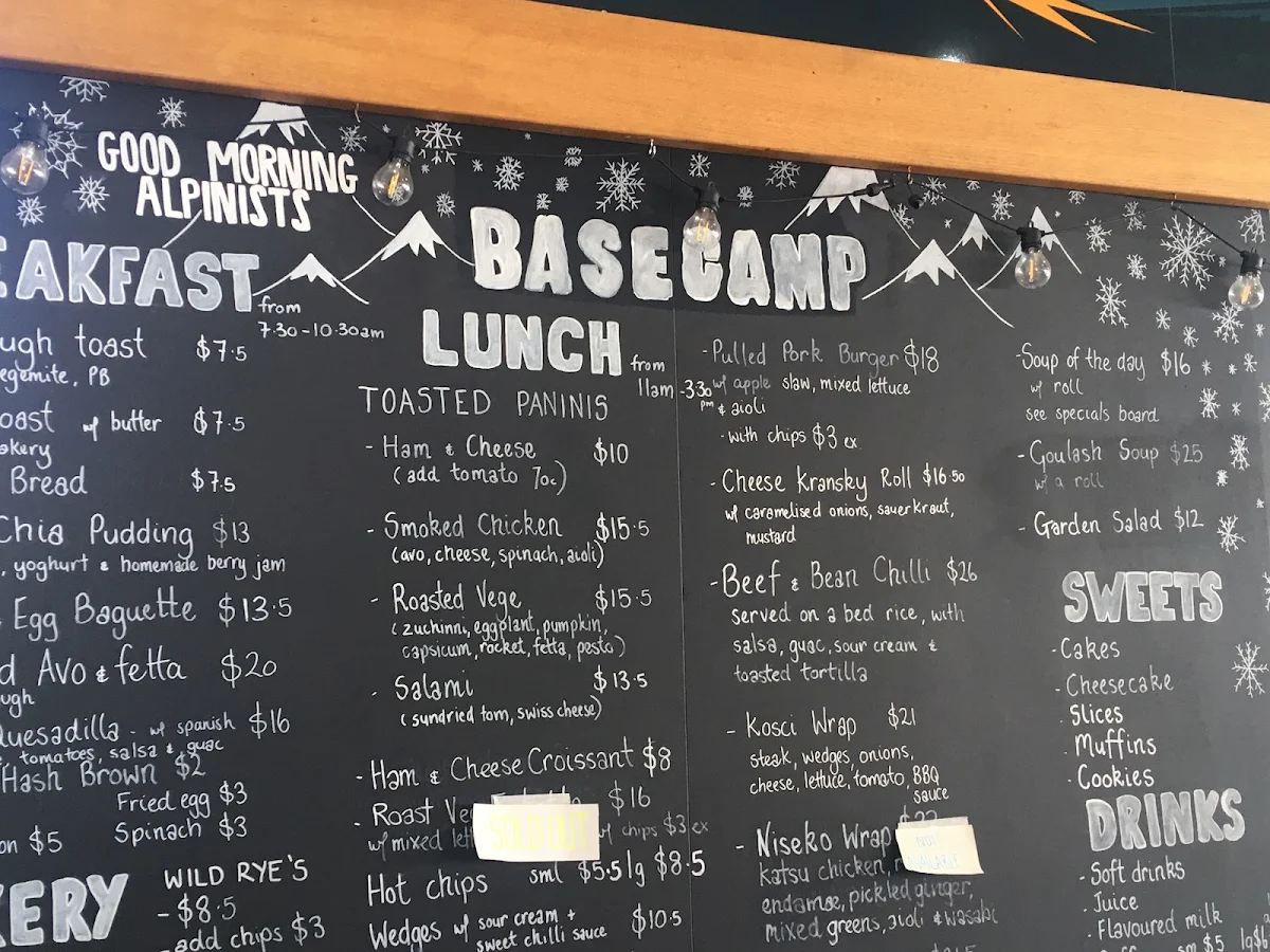 Menu, Basecamp Cafe Guthega