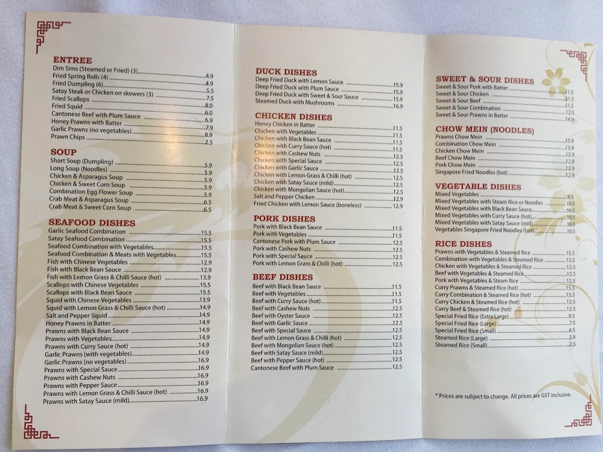 Menu, Oriental Garden Restaurant