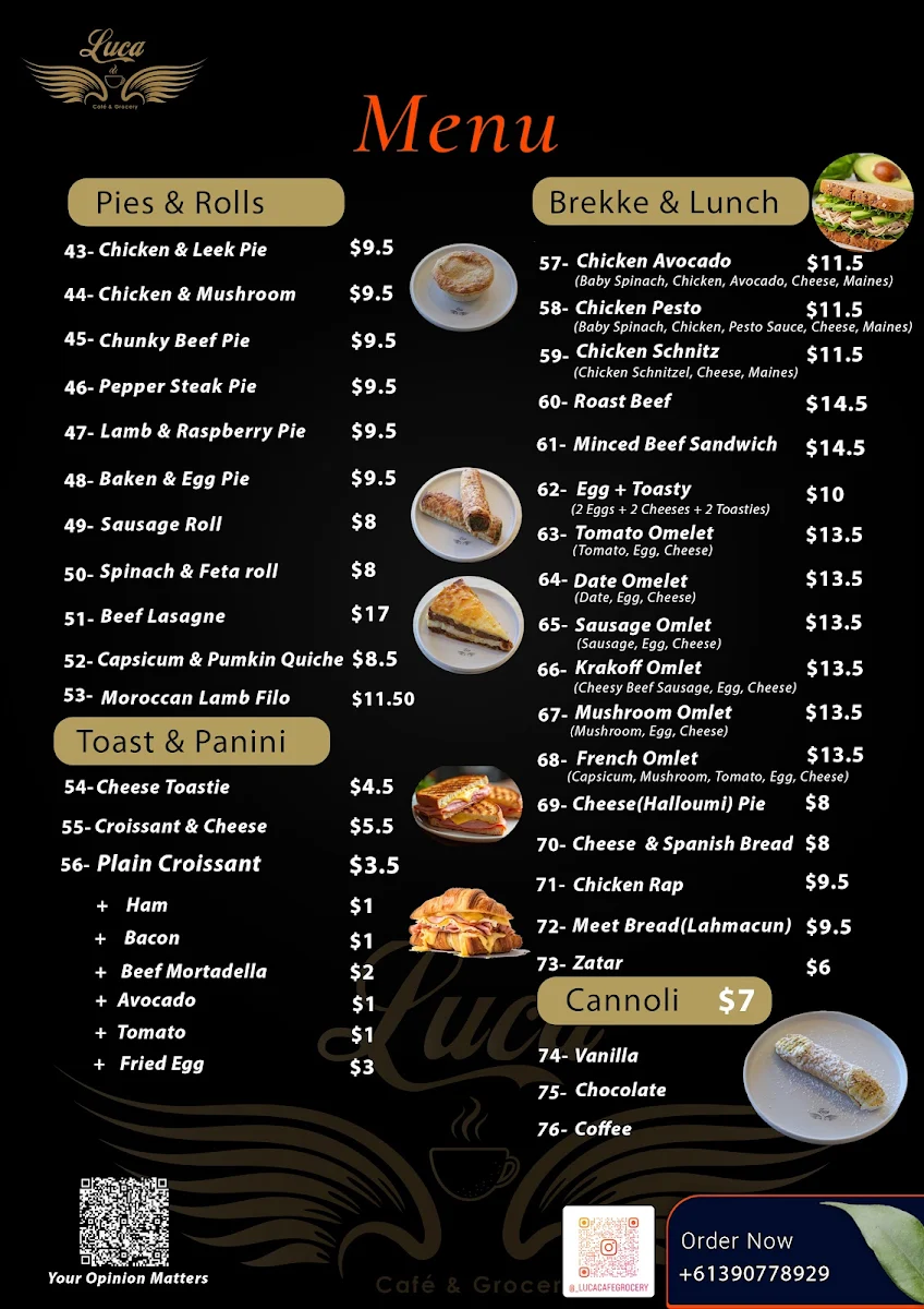 Menu, Luca Cafe & Grocery