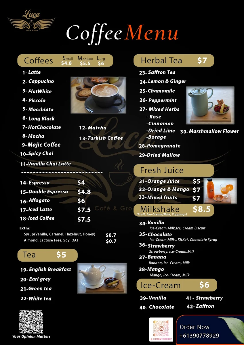Menu, Luca Cafe & Grocery