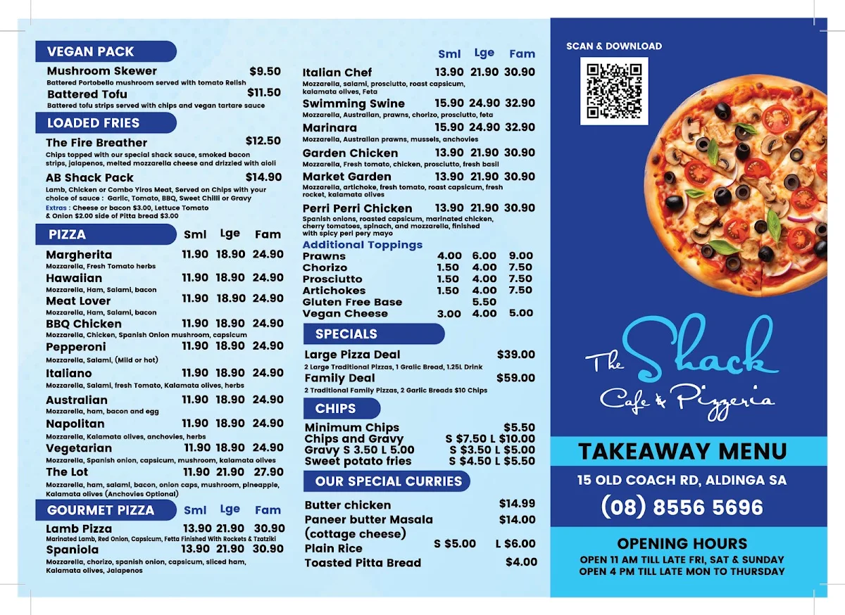 Menu, The Shack Cafe & Pizzeria