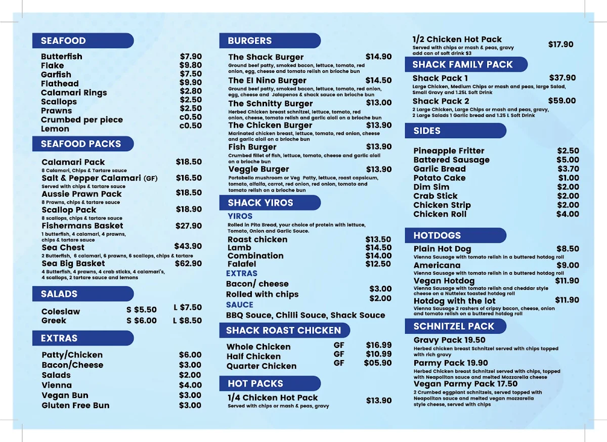 Menu, The Shack Cafe & Pizzeria